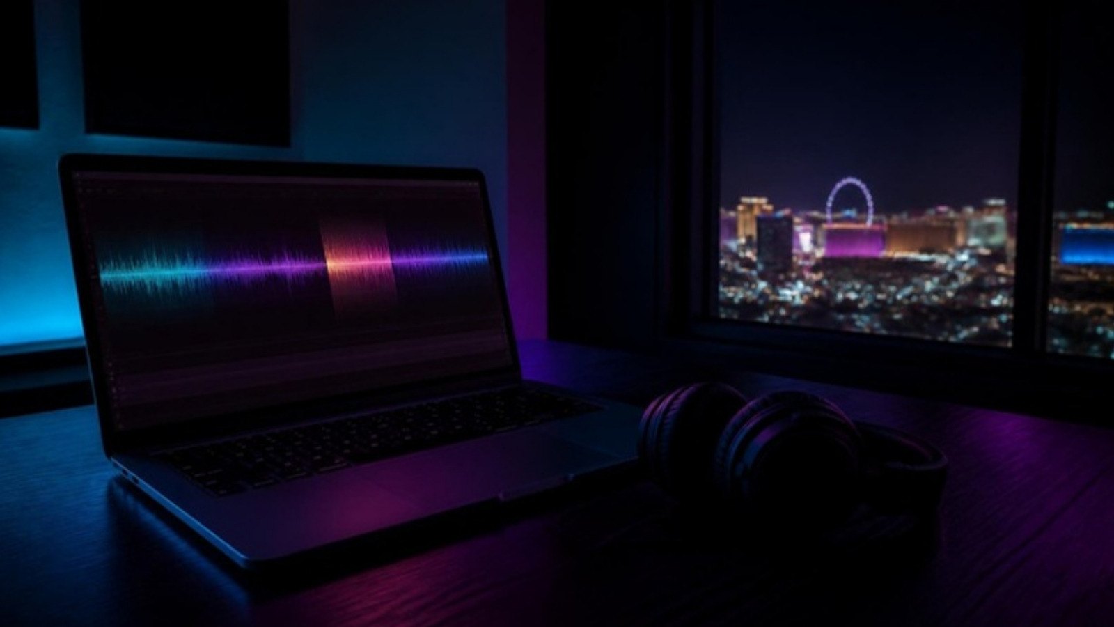 A laptop on a dark desk at night, a glowing audio timeline on its screen with one stretch lit up, headphones beside it and city lights far off through the window