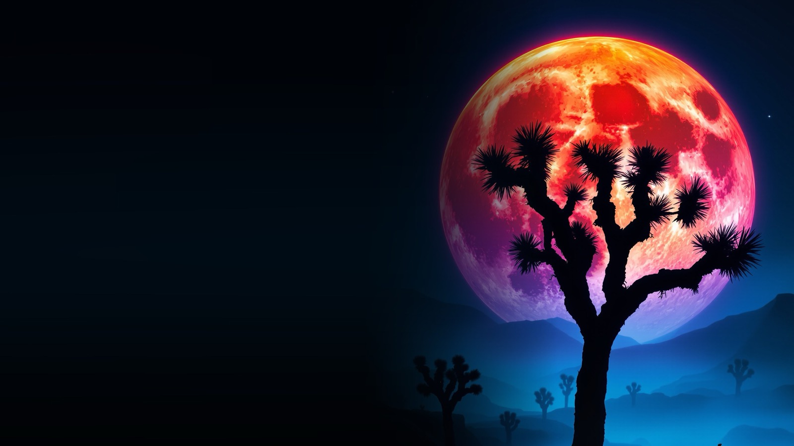A blood-red full moon rising behind a Joshua tree in the desert at night, blue mountains below