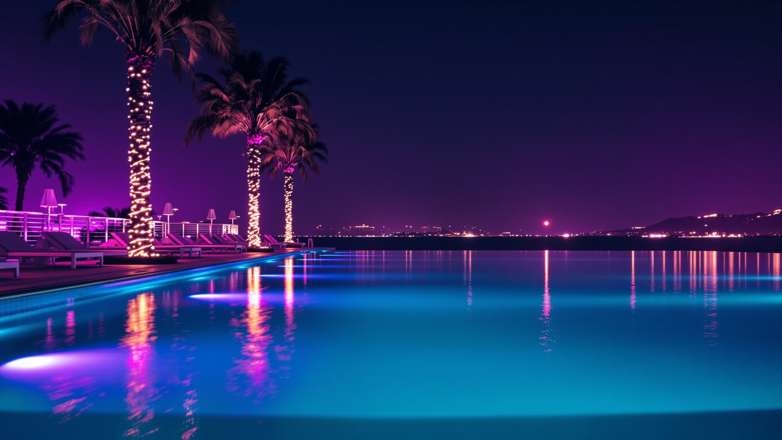 A deserted resort pool at night, underwater lights glowing, palm trees wrapped in lights, city lights far off