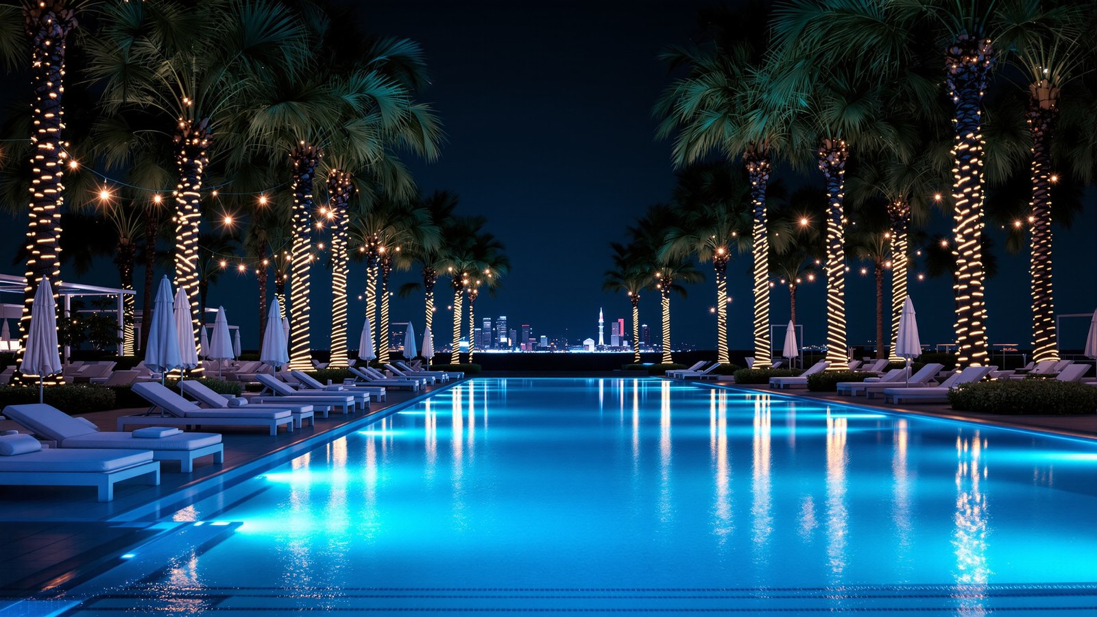 An empty resort pool at night, white daybeds and palm trees wrapped in lights, a city skyline far off