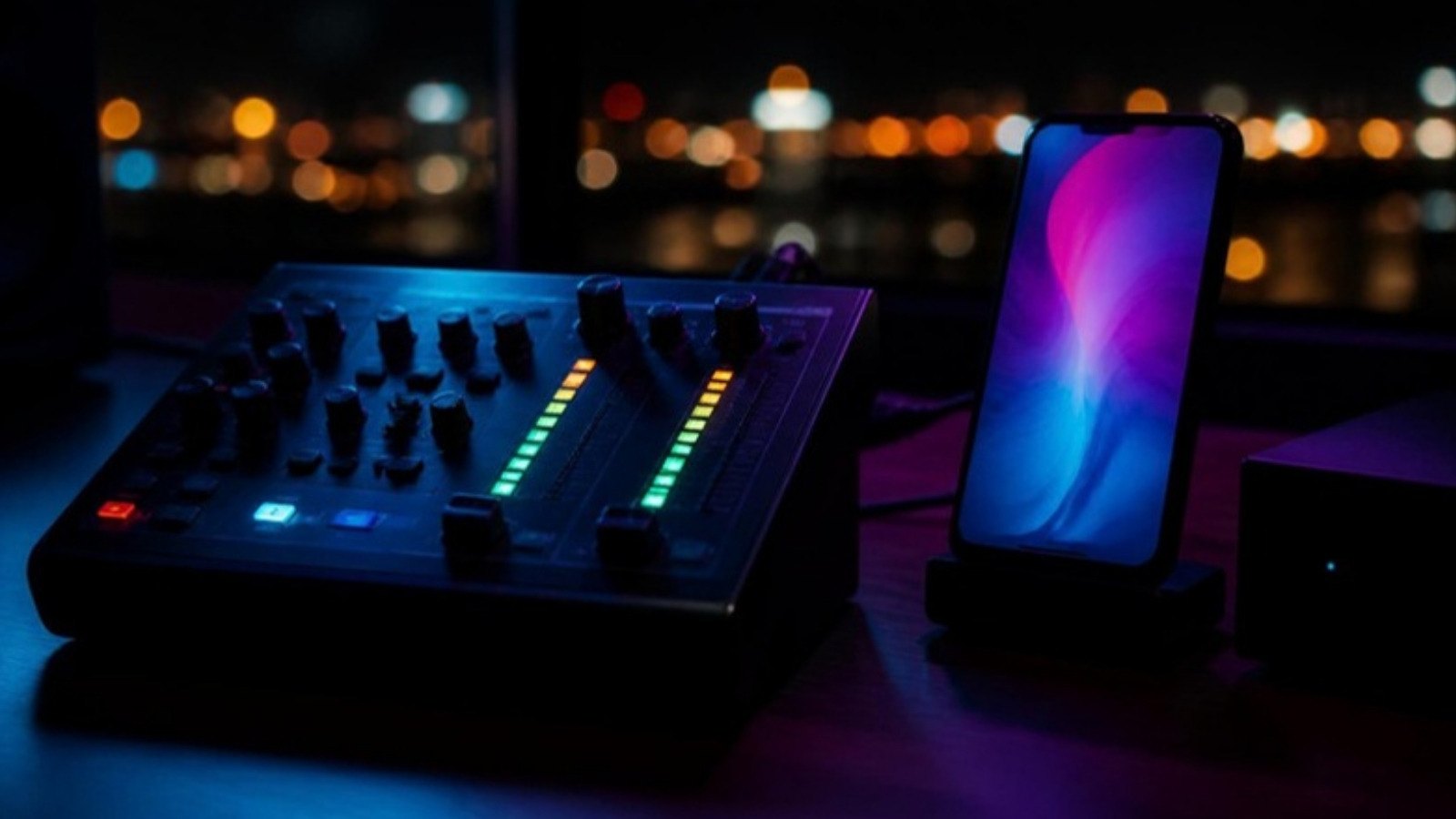 A small mixing console on a dark desk at night, two faders up and their meters glowing, a phone on a stand beside it and city lights far off through the window